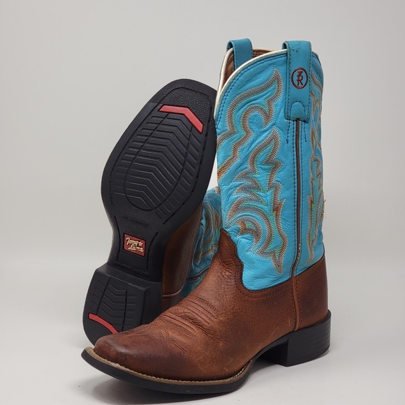 Tony Lama Brown Cowboy Dancehall Boots Turquoise Shaft Women's Sz 6B Pre-owned - Picture 1 of 12